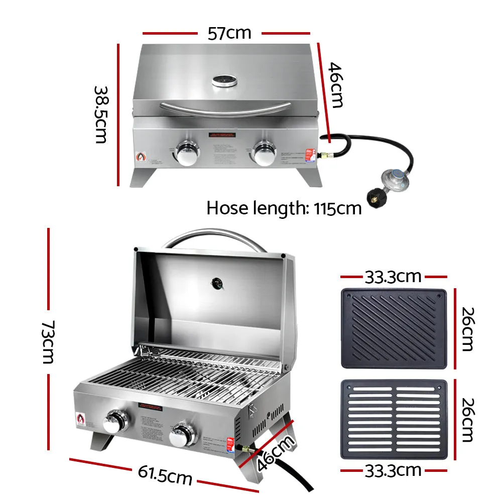 Stainless Steel Portable Gas LPG BBQ Twin Burner with Grill Plate Set