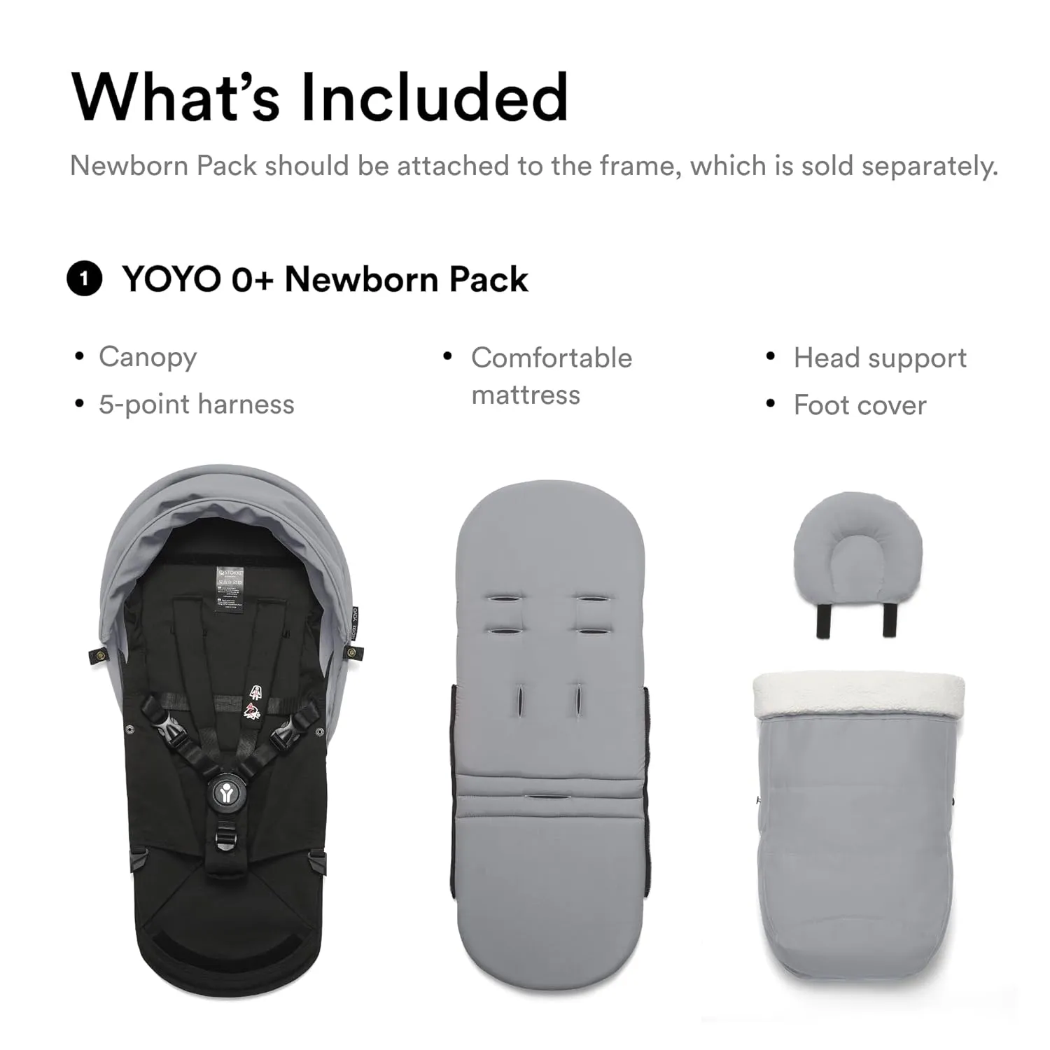 Stokke YOYO 0  Newborn Pack, Stone - Includes Mattress, Extendable Canopy & Five-Point Harness - Requires YOYO3 Frame (Sold Separately)