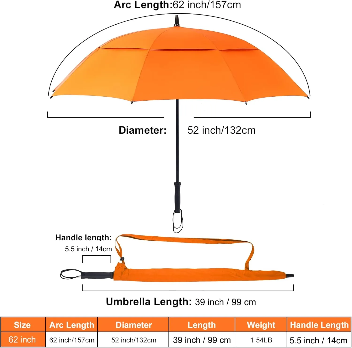 Storm Proof Umbrella Sports Golf Umbrella 62 Inch Large Size Sturdy Umbrella UV Protection And Resist Up 55 MPH Strong Wind For Men And Women (Orange)