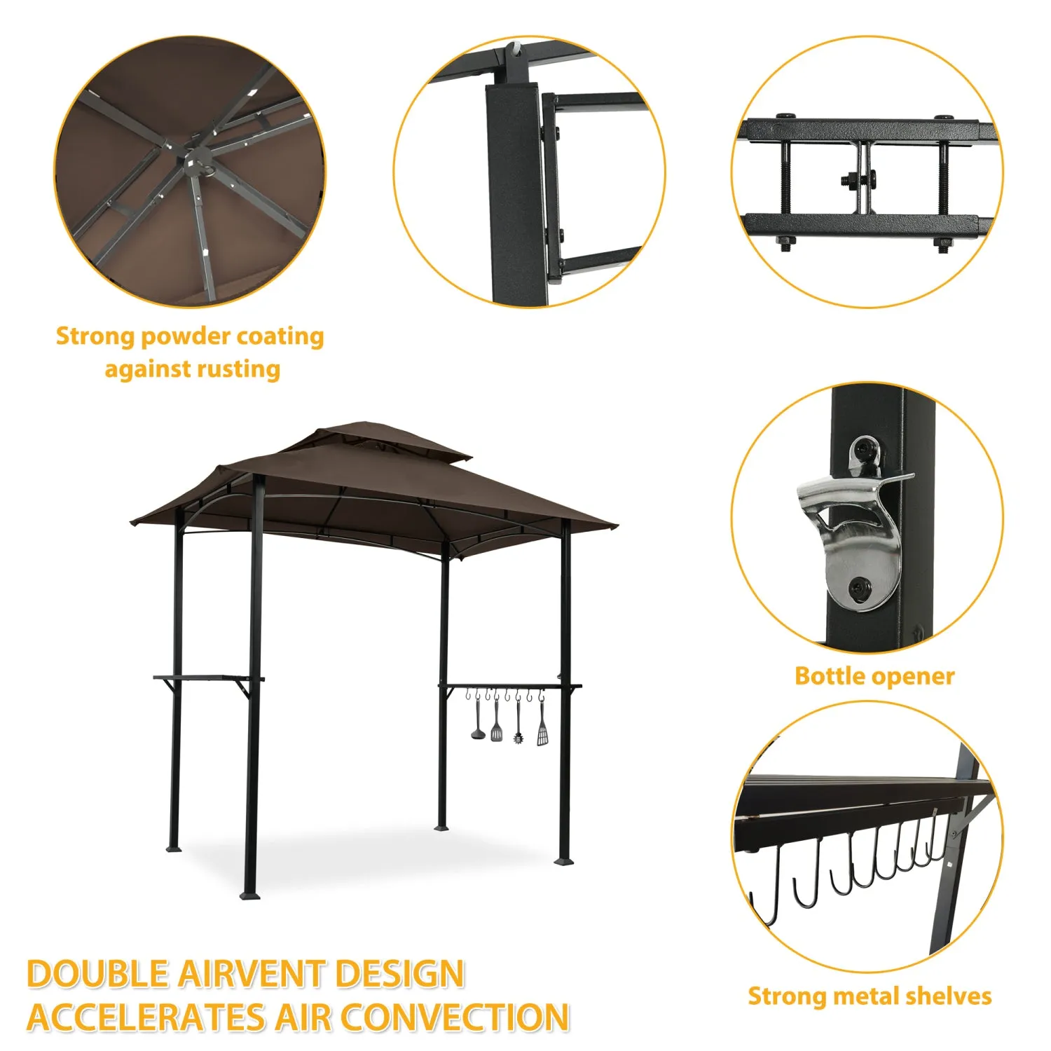Streamdale Grill Gazebo 8x5 Ft, Double Tier Canopy, Steel Frame - Brown