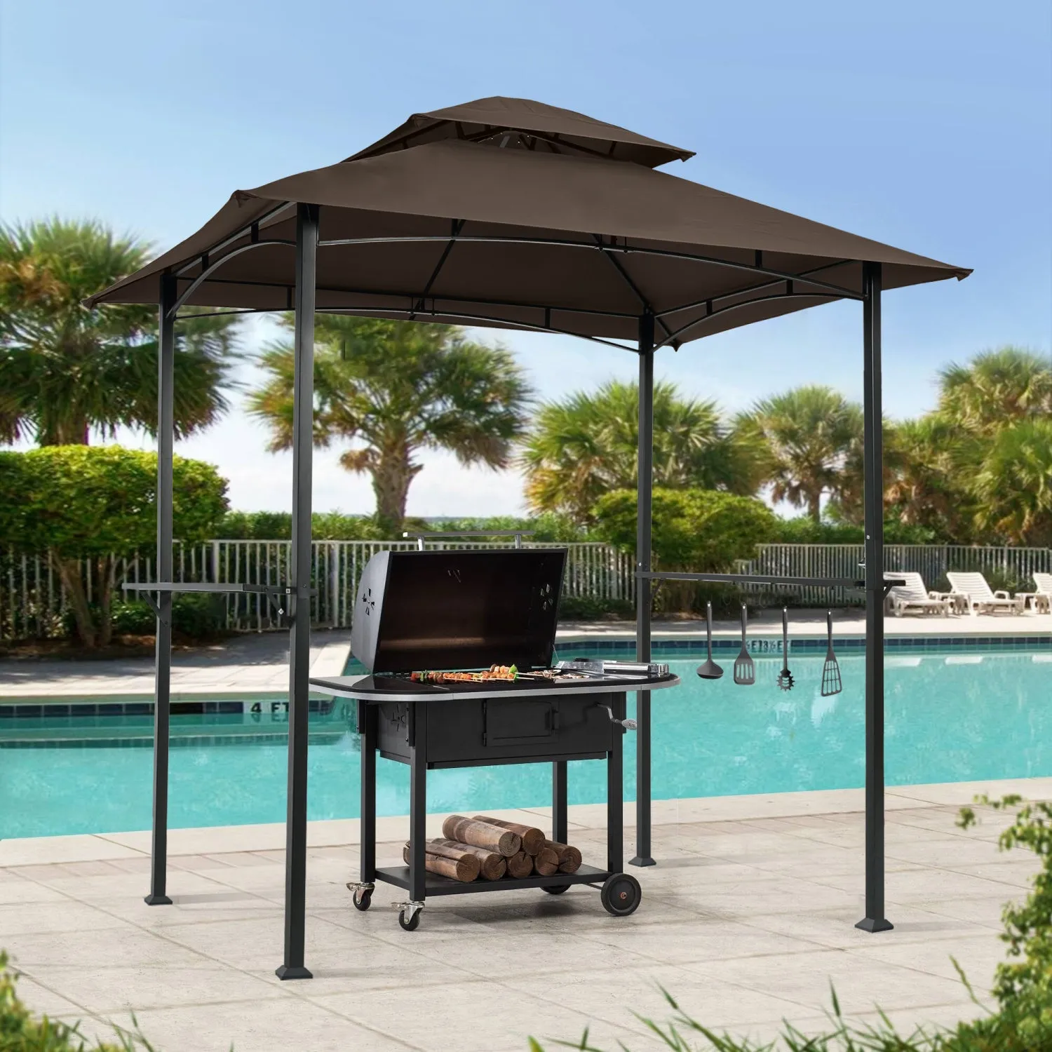 Streamdale Grill Gazebo 8x5 Ft, Double Tier Canopy, Steel Frame - Brown