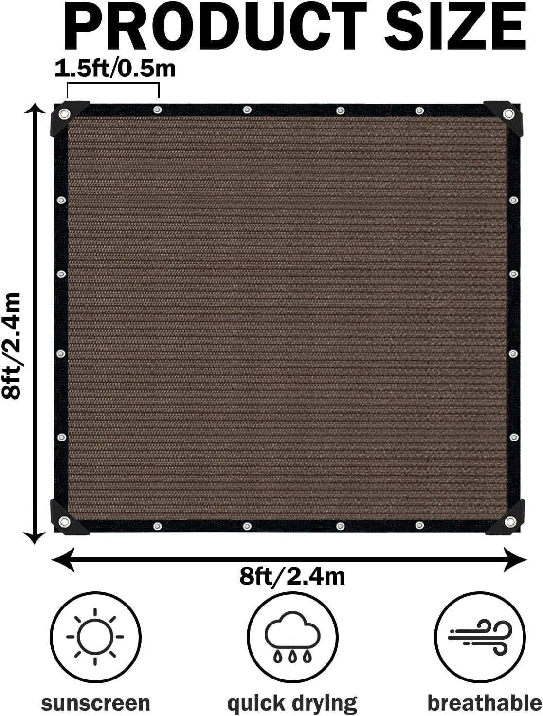 Sun Shade Cloth with Grommets,90% UV Protection Shade Fabric,Pergola Shade Cover Canopy Fence Privacy Screen Balcony,Brown Sunshades for Patio Pergola Garden Backyard Outdoor,Mocha-8x8FT