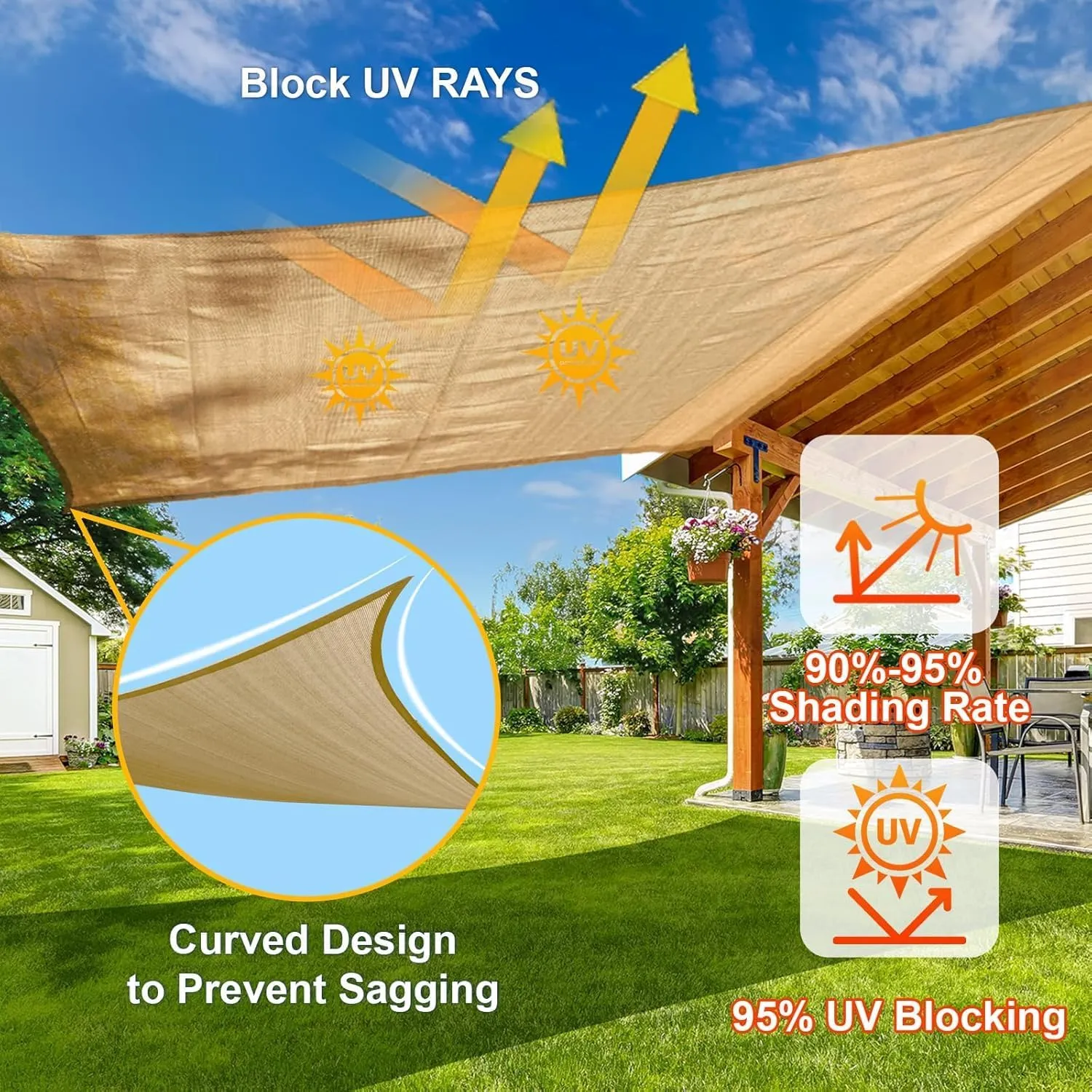 Sun Shade Sail | 6.5' x 10' Sand Rectangle Canopy Sail Shade Cover | UV Block Permeable Sunshade Outdoor for Patio Backyard Deck Pergola
