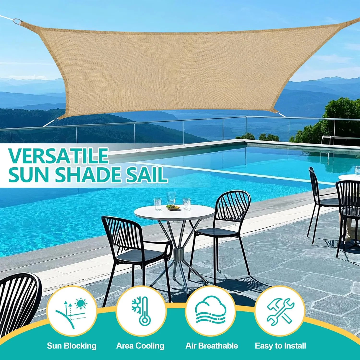 Sun Shade Sail | 6.5' x 10' Sand Rectangle Canopy Sail Shade Cover | UV Block Permeable Sunshade Outdoor for Patio Backyard Deck Pergola