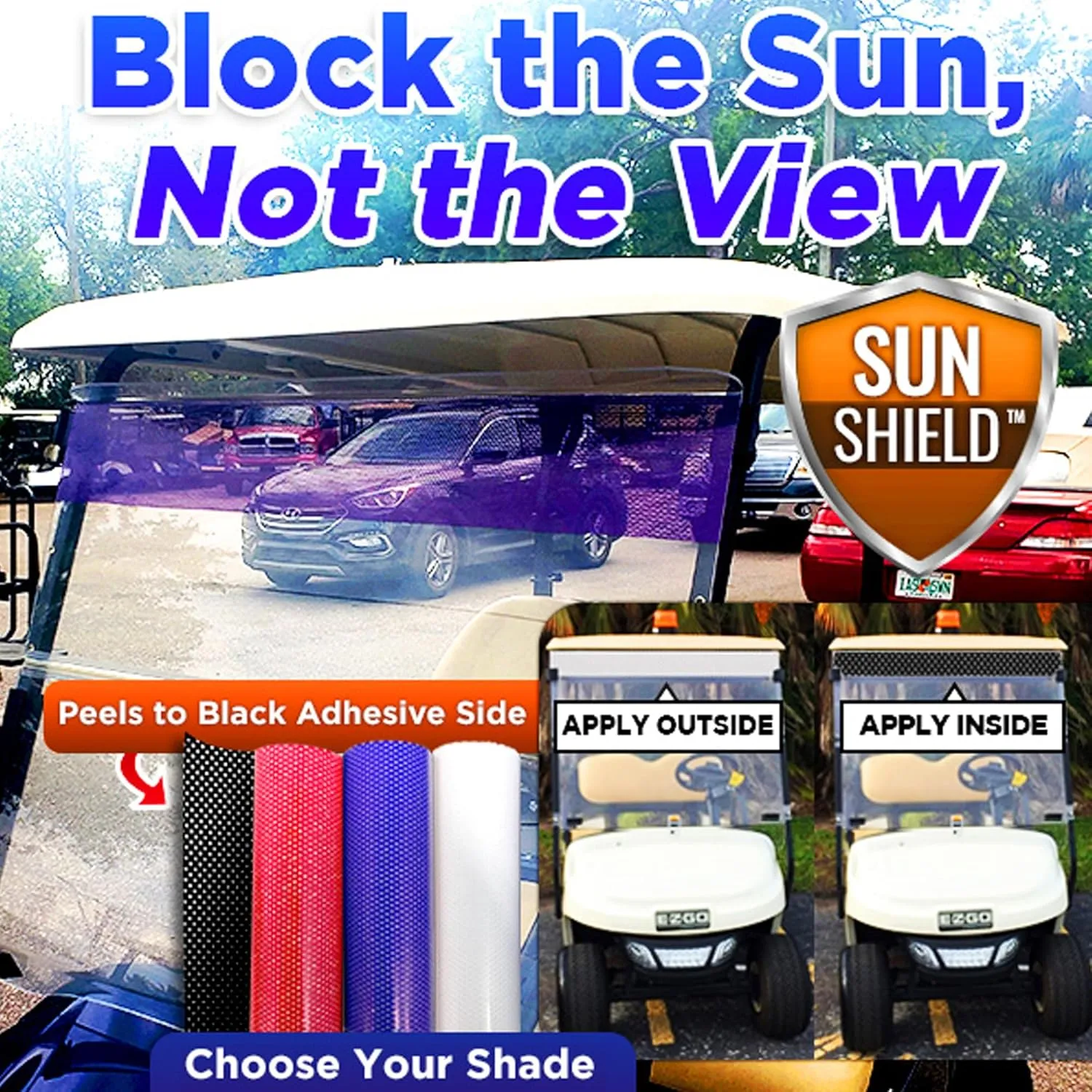 Sun Shield Golf Cart Sun Shade Cover – UV Blocker Visor for Golf Cart, ATV, UTV, Auto – Easy Peel & Stick Mesh Screen – Reversible – Trim to Fit – Blue