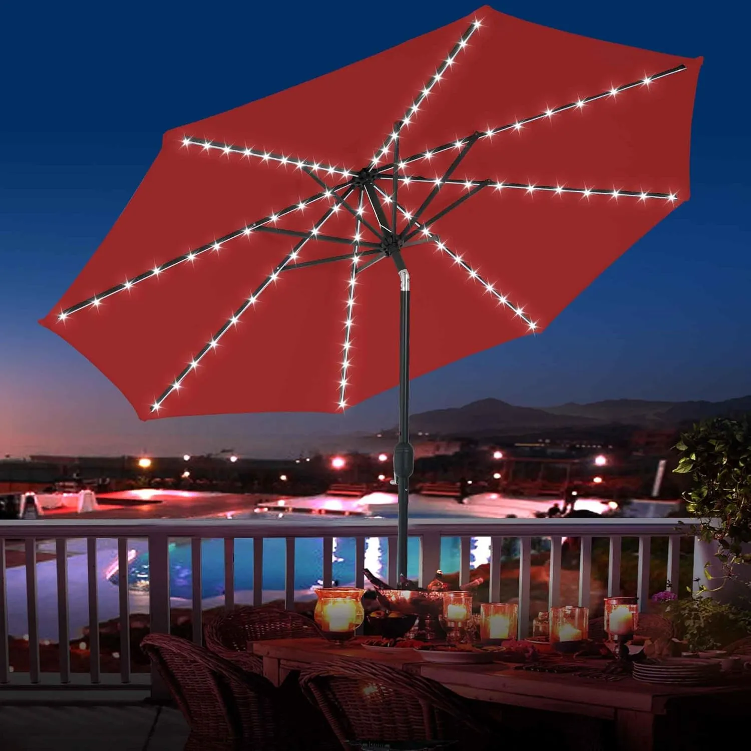 Sundale Outdoor Solar 80 LED 9 ft Patio Umbrella with Sand Bag Umbrella Base, Outdoor Umbrella with Tilt and Crank, Red