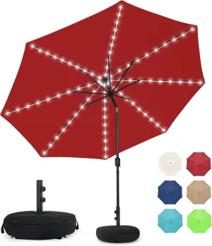 Sundale Outdoor Solar 80 LED 9 ft Patio Umbrella with Sand Bag Umbrella Base, Outdoor Umbrella with Tilt and Crank, Red