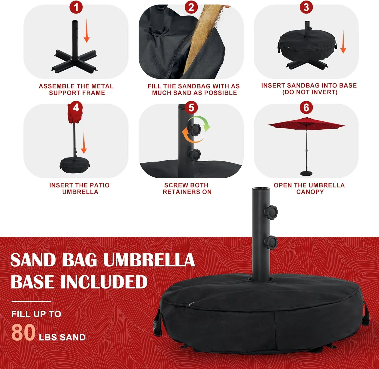 Sundale Outdoor Solar 80 LED 9 ft Patio Umbrella with Sand Bag Umbrella Base, Outdoor Umbrella with Tilt and Crank, Red