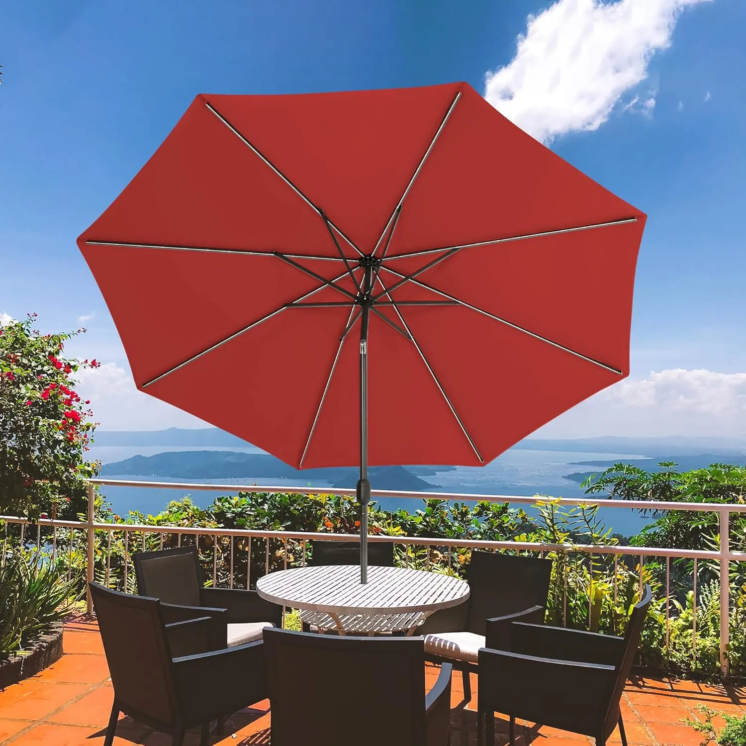 Sundale Outdoor Solar 80 LED 9 ft Patio Umbrella with Sand Bag Umbrella Base, Outdoor Umbrella with Tilt and Crank, Red