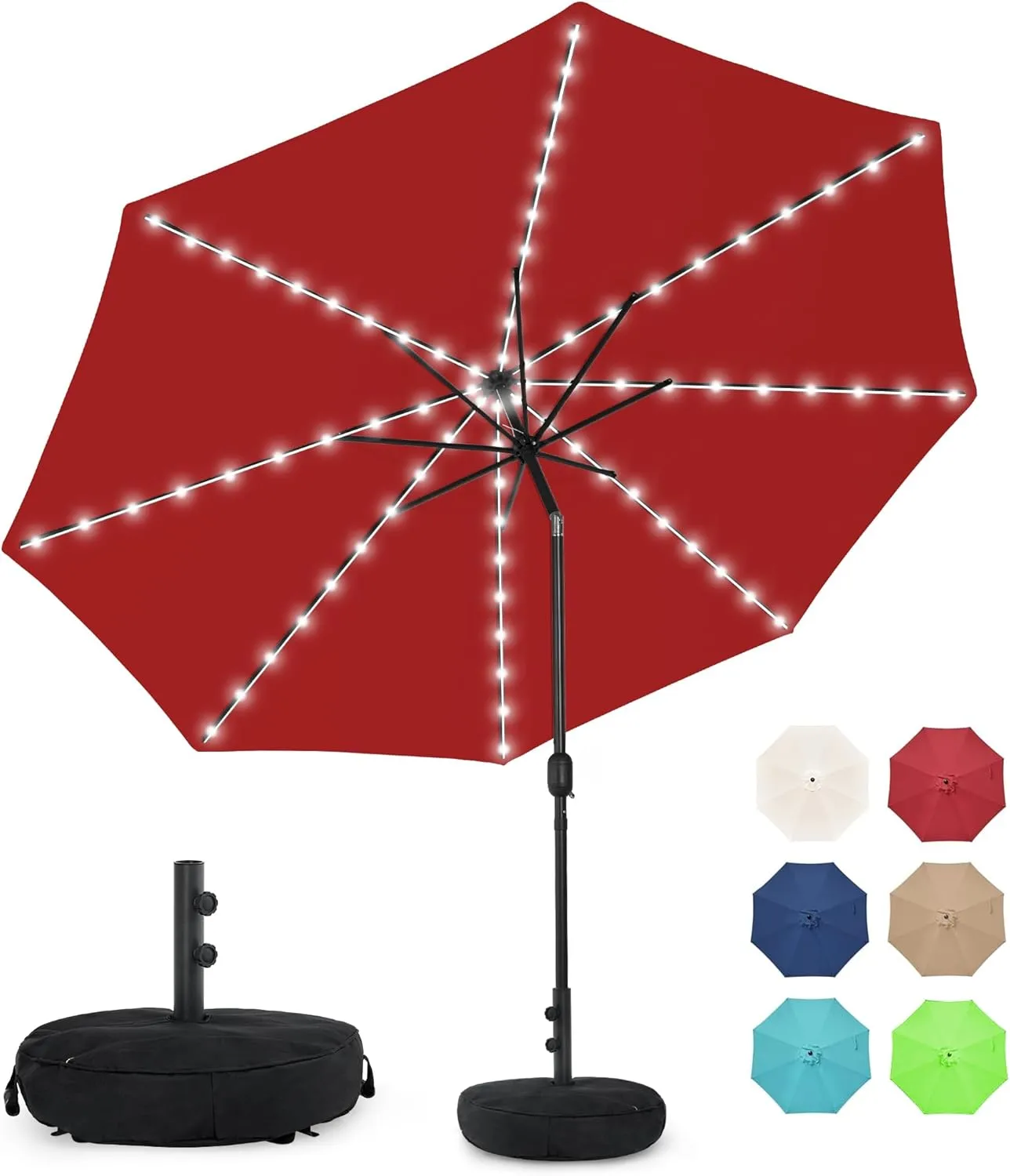 Sundale Outdoor Solar 80 LED 9 ft Patio Umbrella with Sand Bag Umbrella Base, Outdoor Umbrella with Tilt and Crank, Red