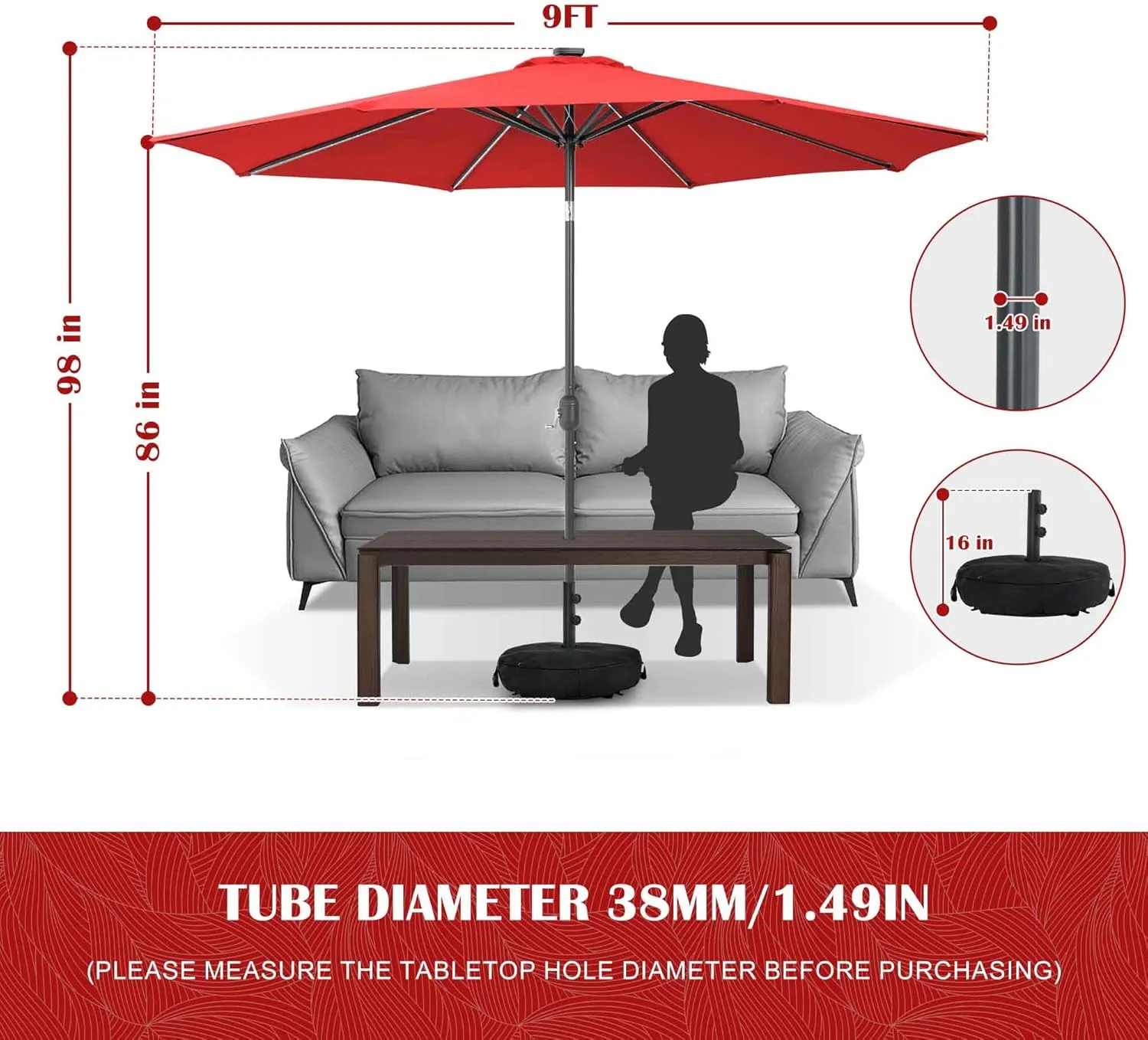 Sundale Outdoor Solar 80 LED 9 ft Patio Umbrella with Sand Bag Umbrella Base, Outdoor Umbrella with Tilt and Crank, Red