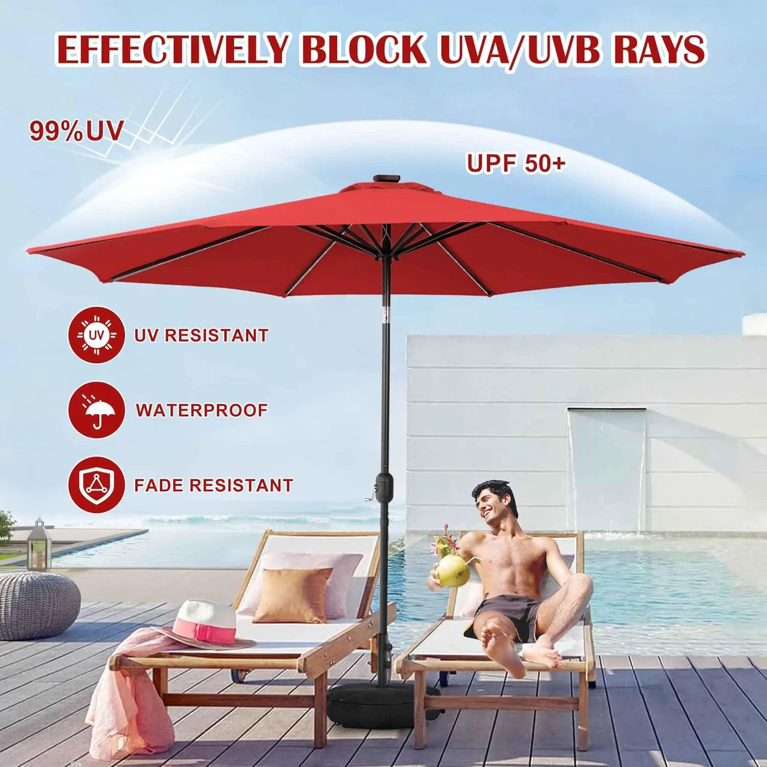 Sundale Outdoor Solar 80 LED 9 ft Patio Umbrella with Sand Bag Umbrella Base, Outdoor Umbrella with Tilt and Crank, Red