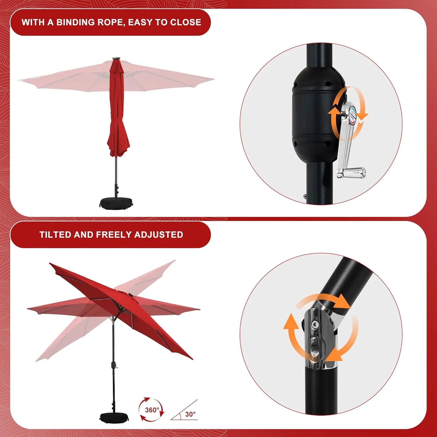 Sundale Outdoor Solar 80 LED 9 ft Patio Umbrella with Sand Bag Umbrella Base, Outdoor Umbrella with Tilt and Crank, Red