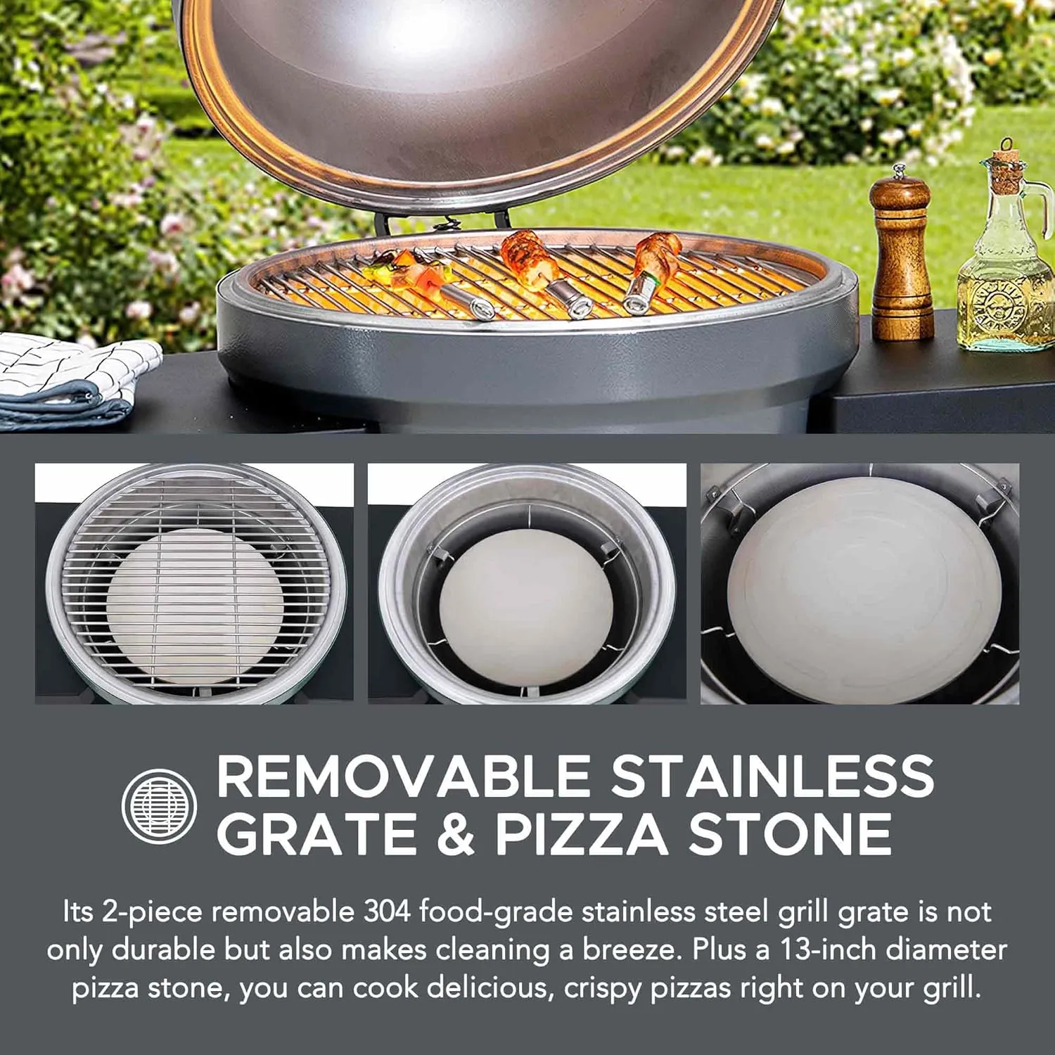 Sunjoy Charcoal Grill 20-Inch Kamado Grill with Pizza Stone, Ultimate Outdoor BBQ Egg Grill and Smoker with Wheels, Grey