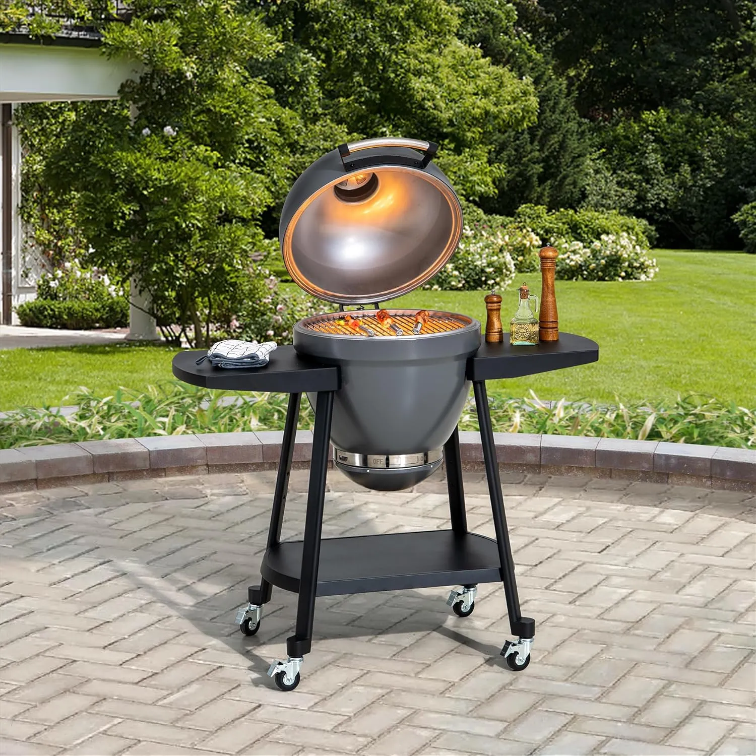 Sunjoy Charcoal Grill 20-Inch Kamado Grill with Pizza Stone, Ultimate Outdoor BBQ Egg Grill and Smoker with Wheels, Grey