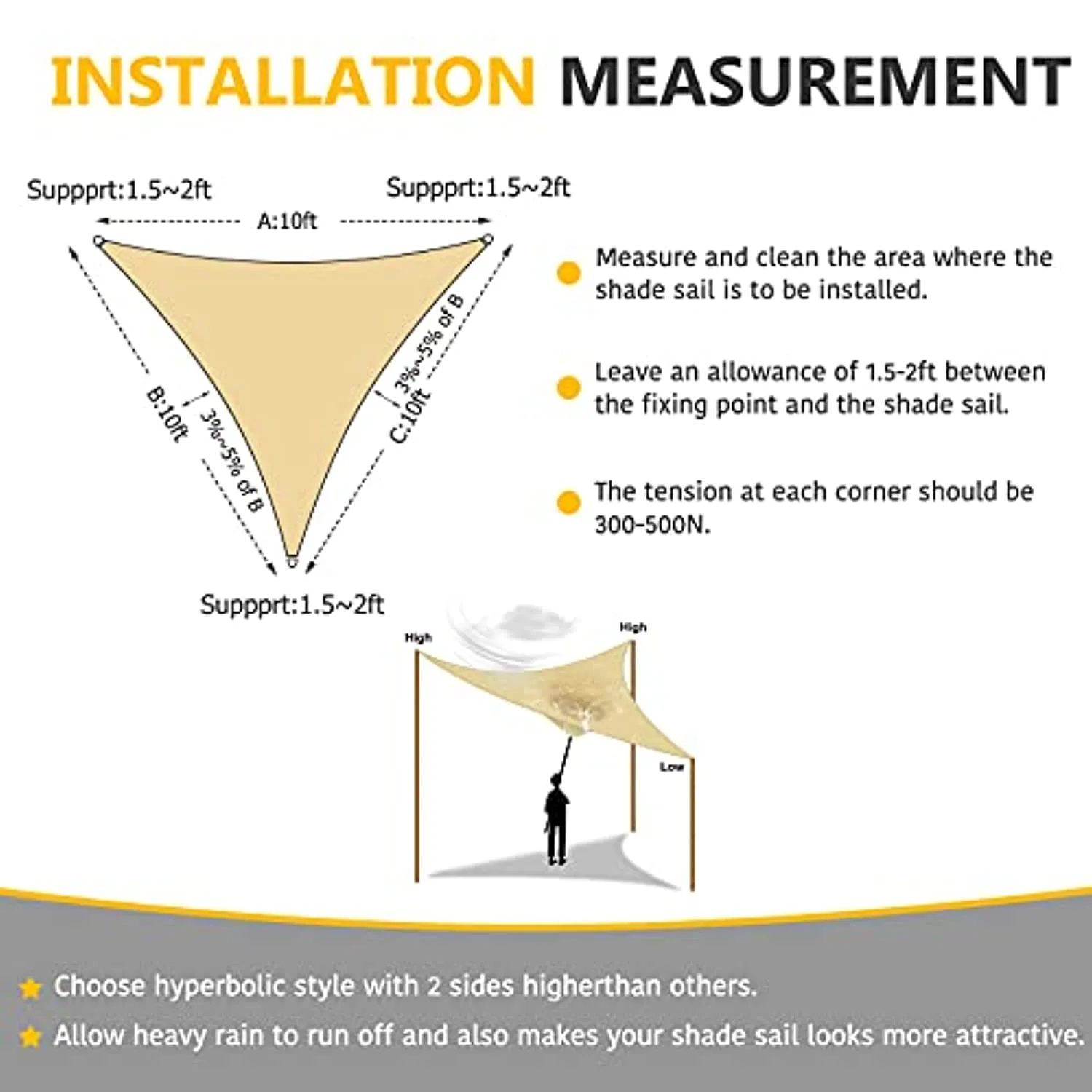 Sunnest Life Sail,Triangle 10’ x 10’ x 10’ Shade Canopy, Sunrays Block Awning for Patio, Carport, Backyard, Garden and More- Beige