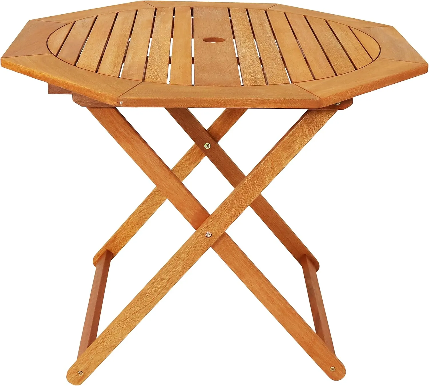 Sunnydaze Folding Meranti Wood Outdoor Dining Table with Umbrella Hole - Foldable Teak Patio Table - Teak Oil Finish - Octagon