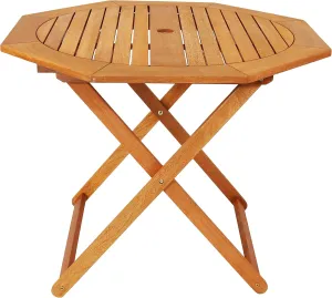 Sunnydaze Folding Meranti Wood Outdoor Dining Table with Umbrella Hole - Foldable Teak Patio Table - Teak Oil Finish - Octagon