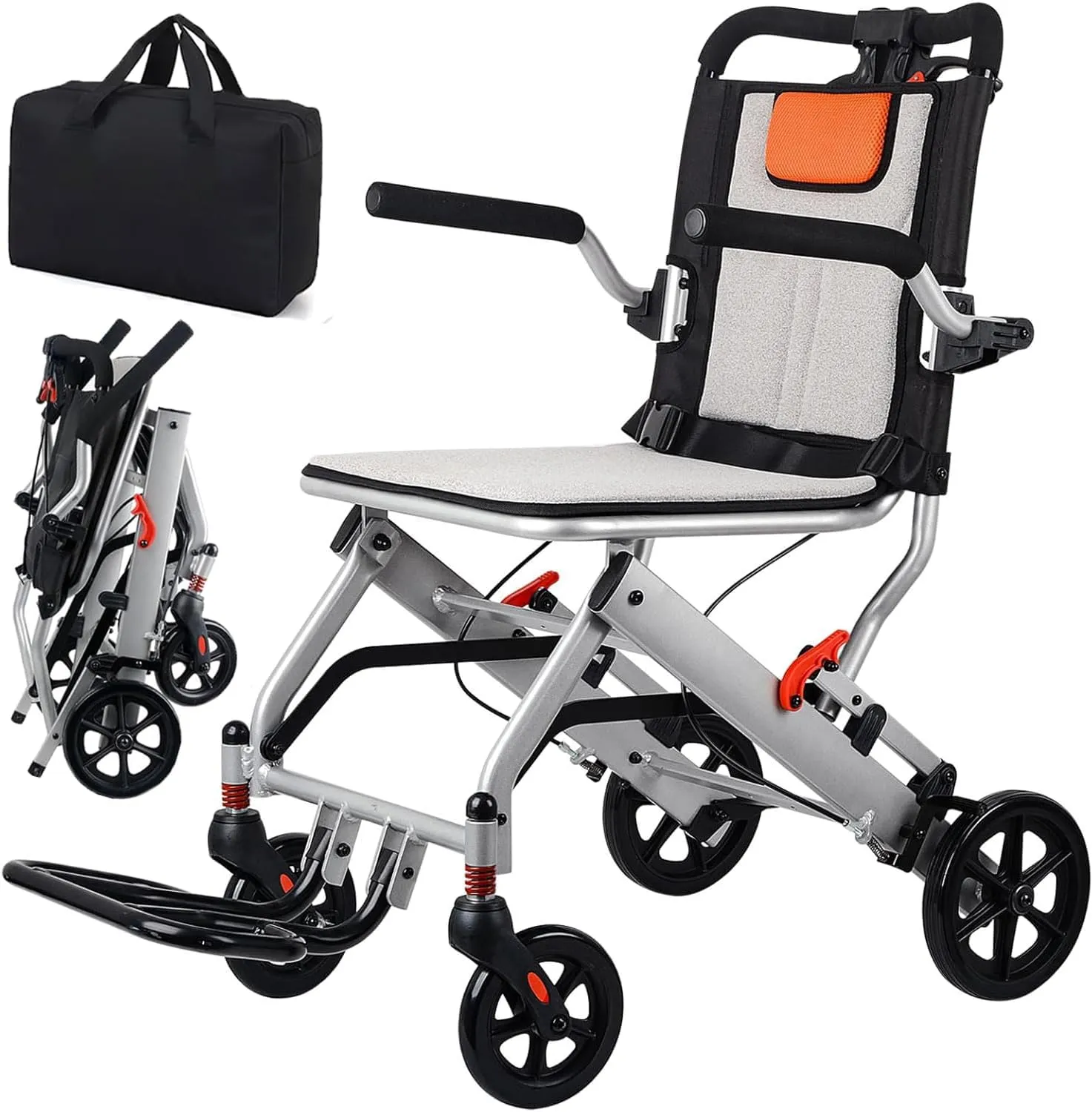 Super Lightweight (Only 19lbs) Portable Transit Travel Wheelchair, Folding Transport Wheelchairs for Adults and Seniors Support 220lbs, Lightweight Aluminum Wheelchair for Elderly