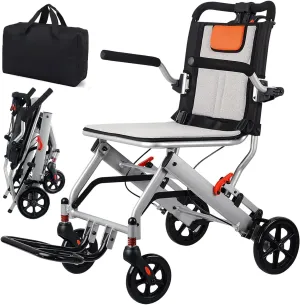 Super Lightweight (Only 19lbs) Portable Transit Travel Wheelchair, Folding Transport Wheelchairs for Adults and Seniors Support 220lbs, Lightweight Aluminum Wheelchair for Elderly