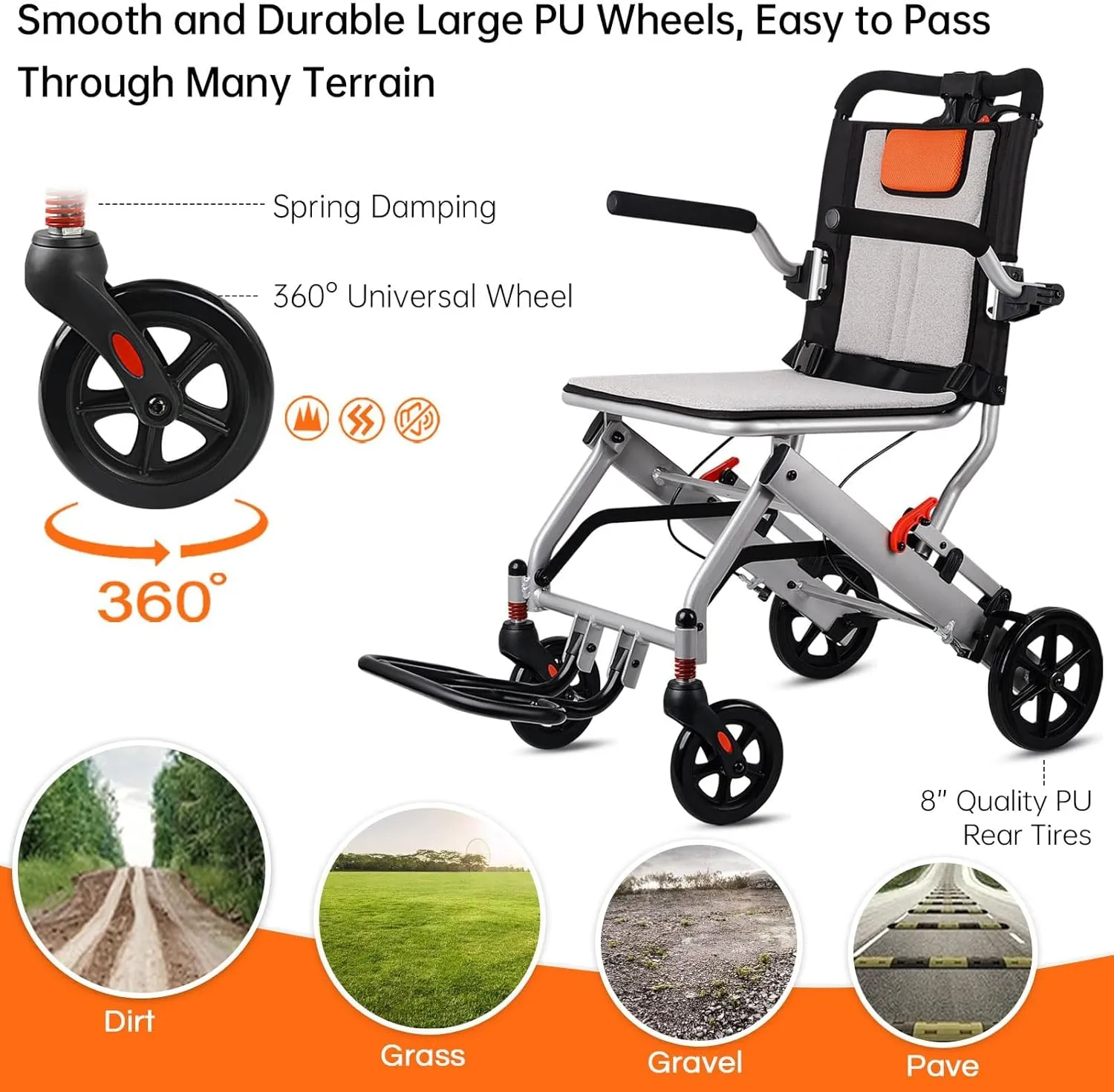 Super Lightweight (Only 19lbs) Portable Transit Travel Wheelchair, Folding Transport Wheelchairs for Adults and Seniors Support 220lbs, Lightweight Aluminum Wheelchair for Elderly
