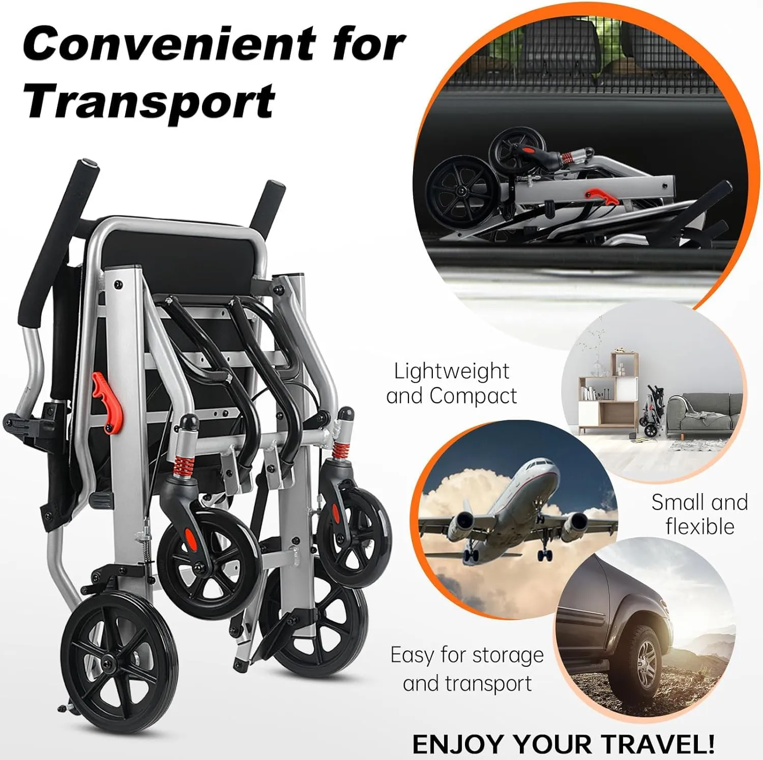 Super Lightweight (Only 19lbs) Portable Transit Travel Wheelchair, Folding Transport Wheelchairs for Adults and Seniors Support 220lbs, Lightweight Aluminum Wheelchair for Elderly