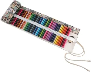 Surblue Canvas Pencil Case Pencil Roll Wrap with 72 Slots Coloring Pencil Holder Organizer Paint Brush Storage Pouch Portable for Artist, Writer (Blue Cat