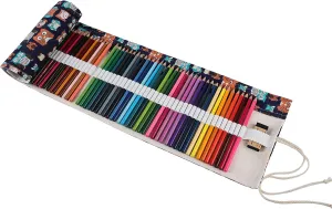 Surblue Canvas Pencil Case Pencil Roll Wrap with 72 Slots Coloring Pencil Holder Organizer Paint Brush Storage Pouch Portable for Artist, Writer (Navy Owl