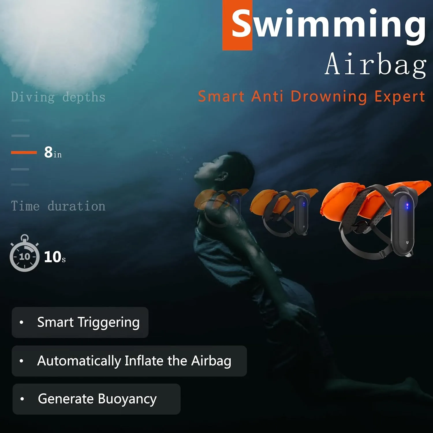 Swimming Airbag Smart Anti Drowning Device Swim Life Vest Water Sports Safety Aid Equipment Designed for Kids & Adult During Swimming, Intelligent Recognition of Human Body in Drowning State