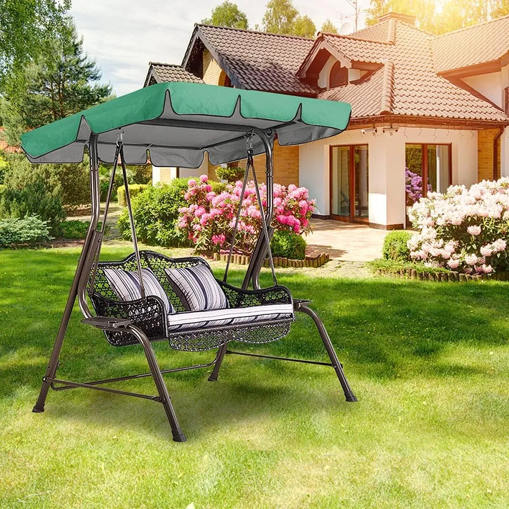 Swing Canopy Replacement Top Cover Waterproof UV Block Sun Shade Swing Chair Top Cover for Outdoor Garden Patio 3 Seat Furniture Green