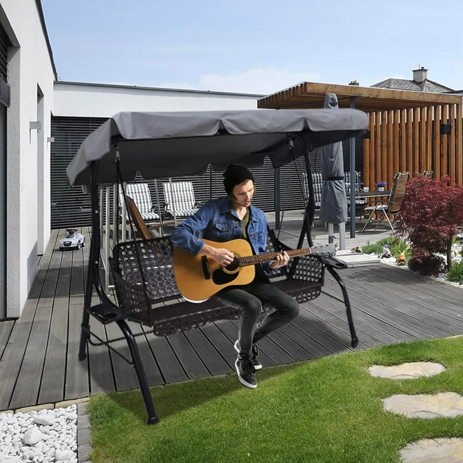 Swing Chair Canopy Replacement, 2 Seater Garden Seat Cover, Waterproof Windproof Anti-UV Heavy Duty Rip Proof Hammock Top Outdoor Furniture Covers (Grey, Small), Gray