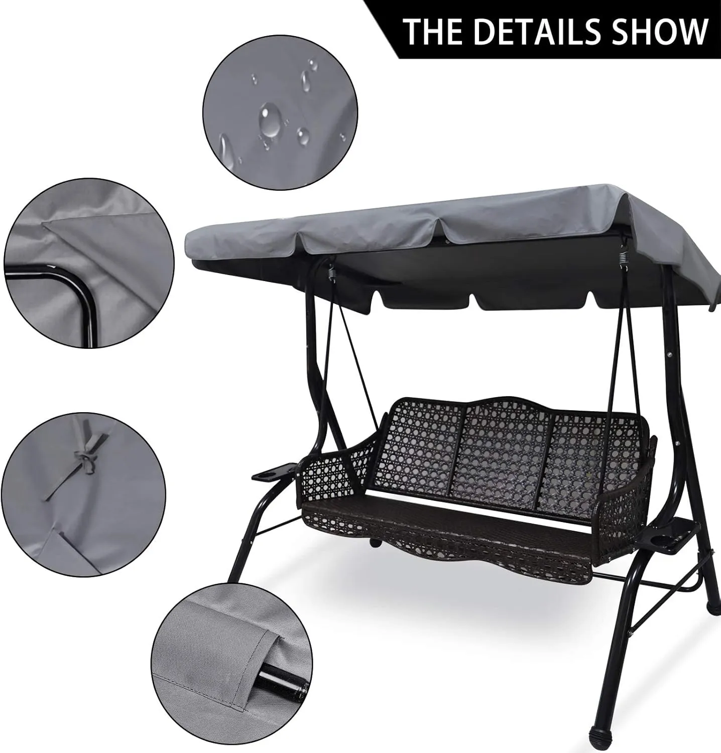 Swing Chair Canopy Replacement, 2 Seater Garden Seat Cover, Waterproof Windproof Anti-UV Heavy Duty Rip Proof Hammock Top Outdoor Furniture Covers (Grey, Small), Gray
