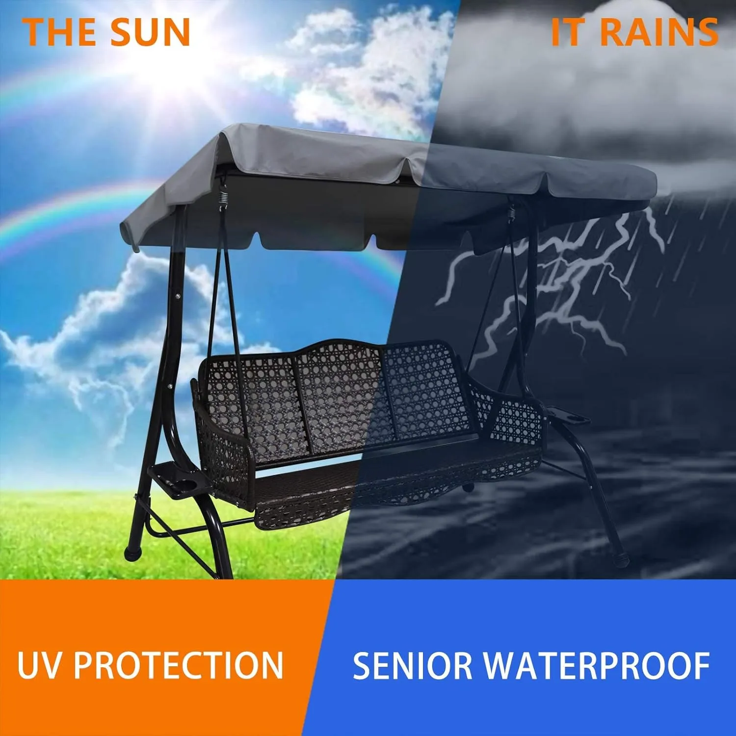 Swing Chair Canopy Replacement, 2 Seater Garden Seat Cover, Waterproof Windproof Anti-UV Heavy Duty Rip Proof Hammock Top Outdoor Furniture Covers (Grey, Small), Gray