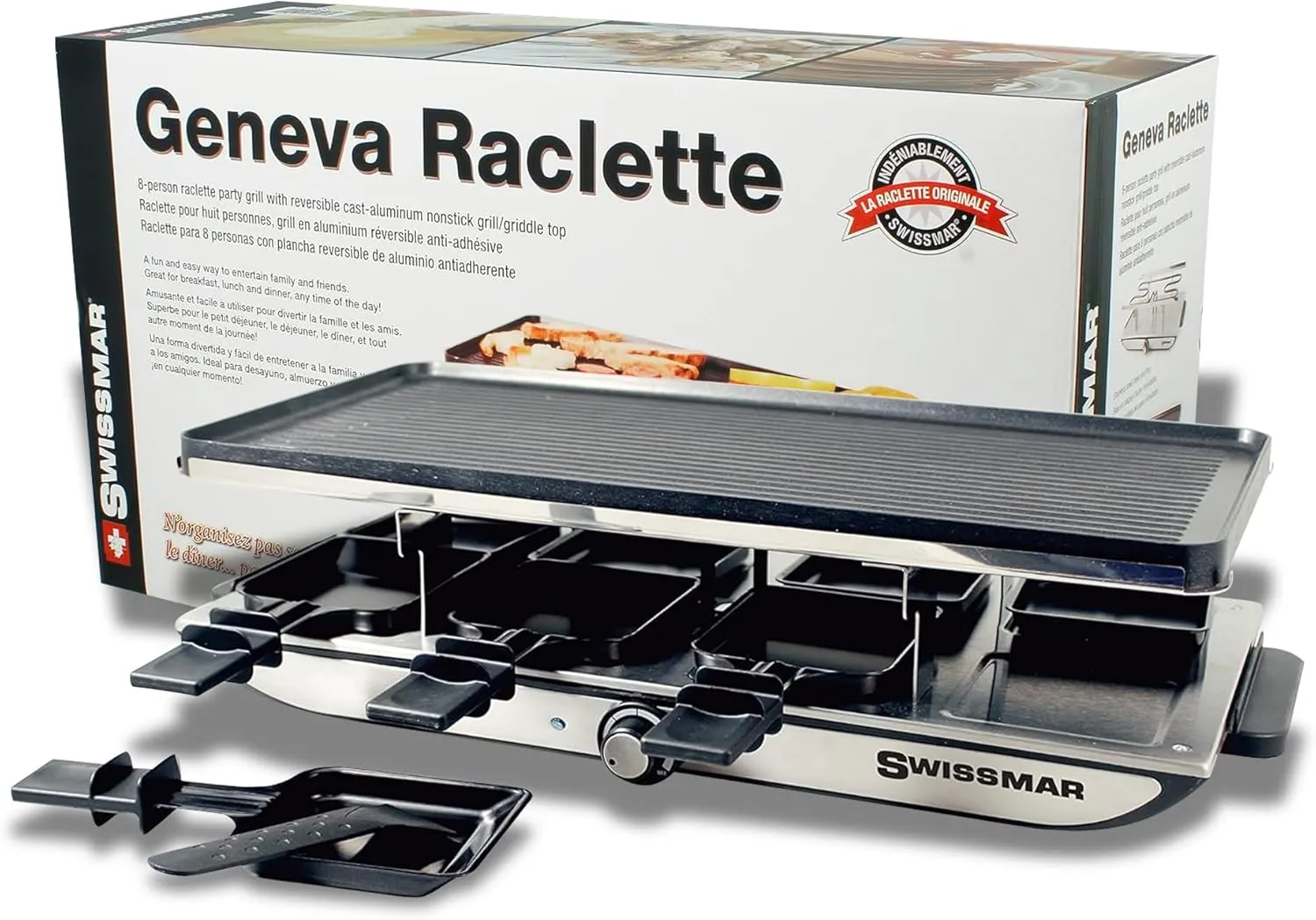 Swissmar Geneva Raclette Grill with Reversible Cast Aluminum Grill Top - Perfect for outdoor & Indoor Electric Raclette Grill & Griller - Barbeque Bonding - 8-Person