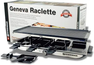 Swissmar Geneva Raclette Grill with Reversible Cast Aluminum Grill Top - Perfect for outdoor & Indoor Electric Raclette Grill & Griller - Barbeque Bonding - 8-Person