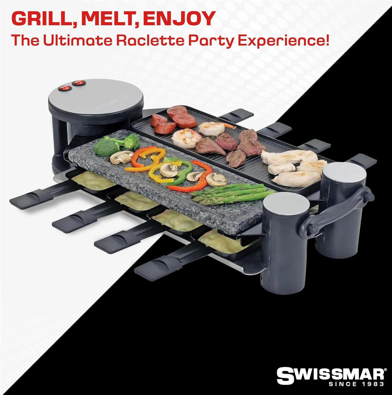 Swissmar Swivel 8-Person Raclette Table Grill with Cast Aluminum & Granite Stone Grill Top - Indoor Electric Raclette Grill for BBQ Bonding & Family Gatherings