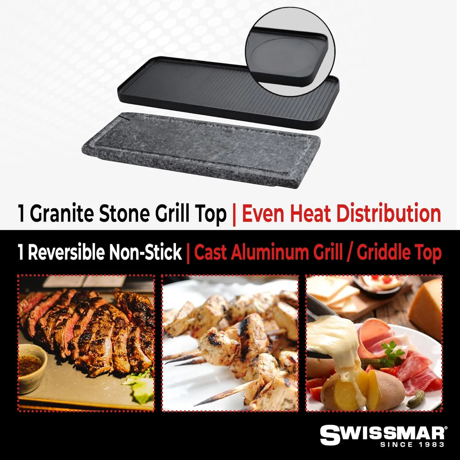 Swissmar Swivel 8-Person Raclette Table Grill with Cast Aluminum & Granite Stone Grill Top - Indoor Electric Raclette Grill for BBQ Bonding & Family Gatherings