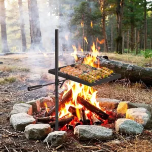 Swivel Campfire Grill With Carrying Bag Heavy Duty Steel Grate Fire Pit Grill Grate Over Fire Pits 360° Adjustable Open Fire Outdoor Cooking Equipment Portable Camp Fire Racks for Camping Outdoor BBQ