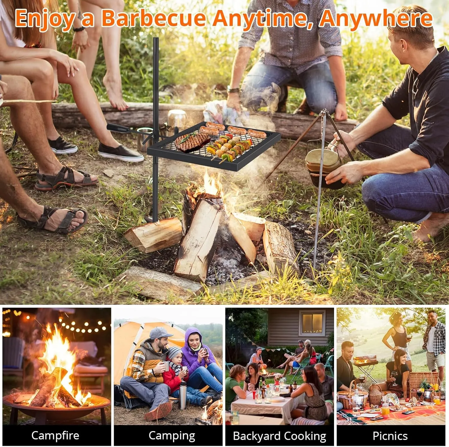 Swivel Campfire Grill With Carrying Bag Heavy Duty Steel Grate Fire Pit Grill Grate Over Fire Pits 360° Adjustable Open Fire Outdoor Cooking Equipment Portable Camp Fire Racks for Camping Outdoor BBQ