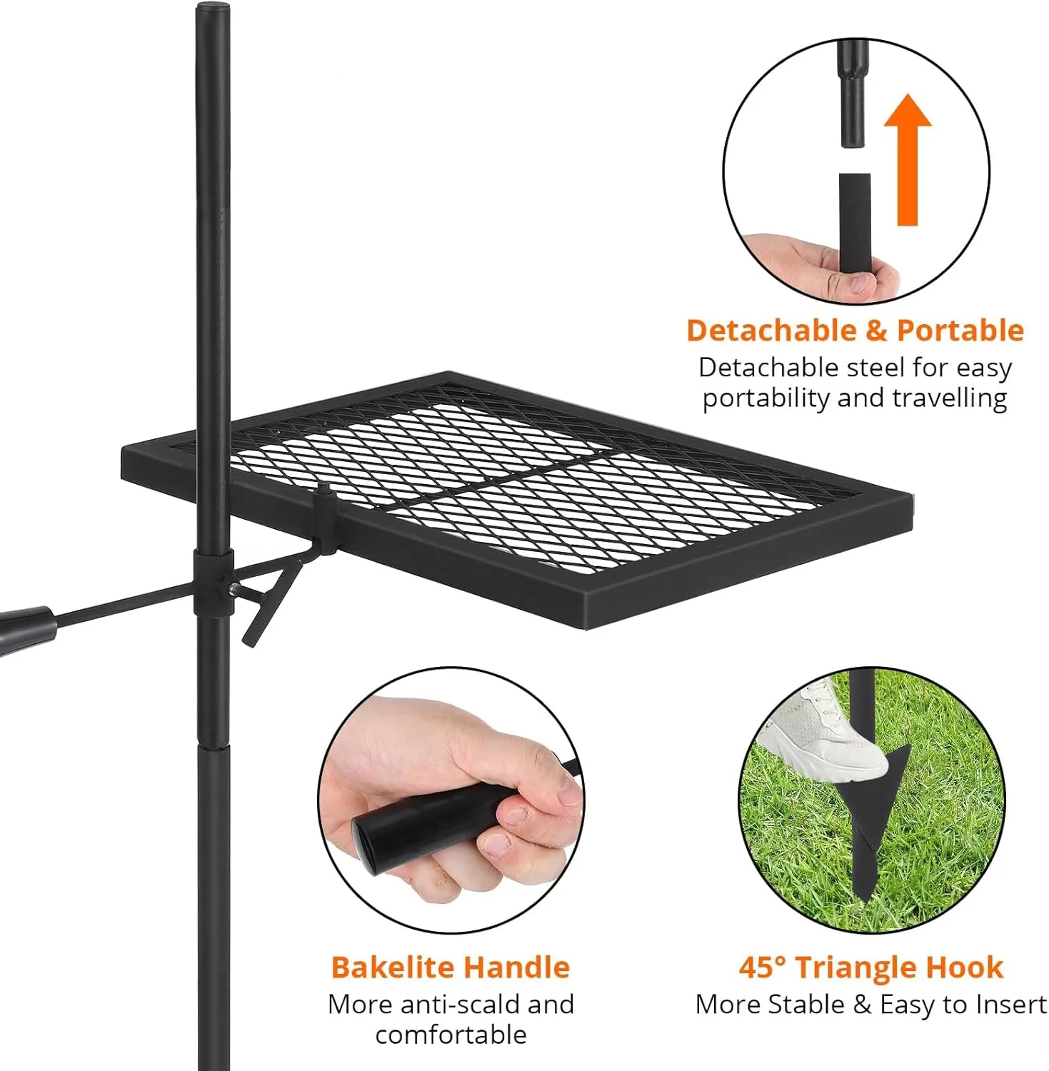 Swivel Campfire Grill With Carrying Bag Heavy Duty Steel Grate Fire Pit Grill Grate Over Fire Pits 360° Adjustable Open Fire Outdoor Cooking Equipment Portable Camp Fire Racks for Camping Outdoor BBQ