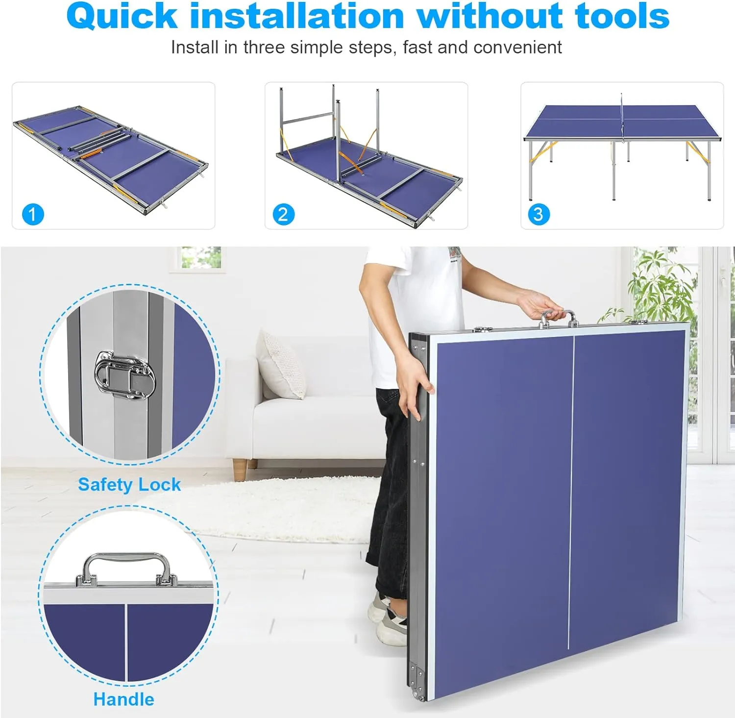 Table Tennis Table 4.5 FT / 6 FT / 8 FT / 9 FT Foldable Portable Ping Pong Table with 2 Table Tennis Paddles 3 Balls and Net for Indoor Outdoor Games