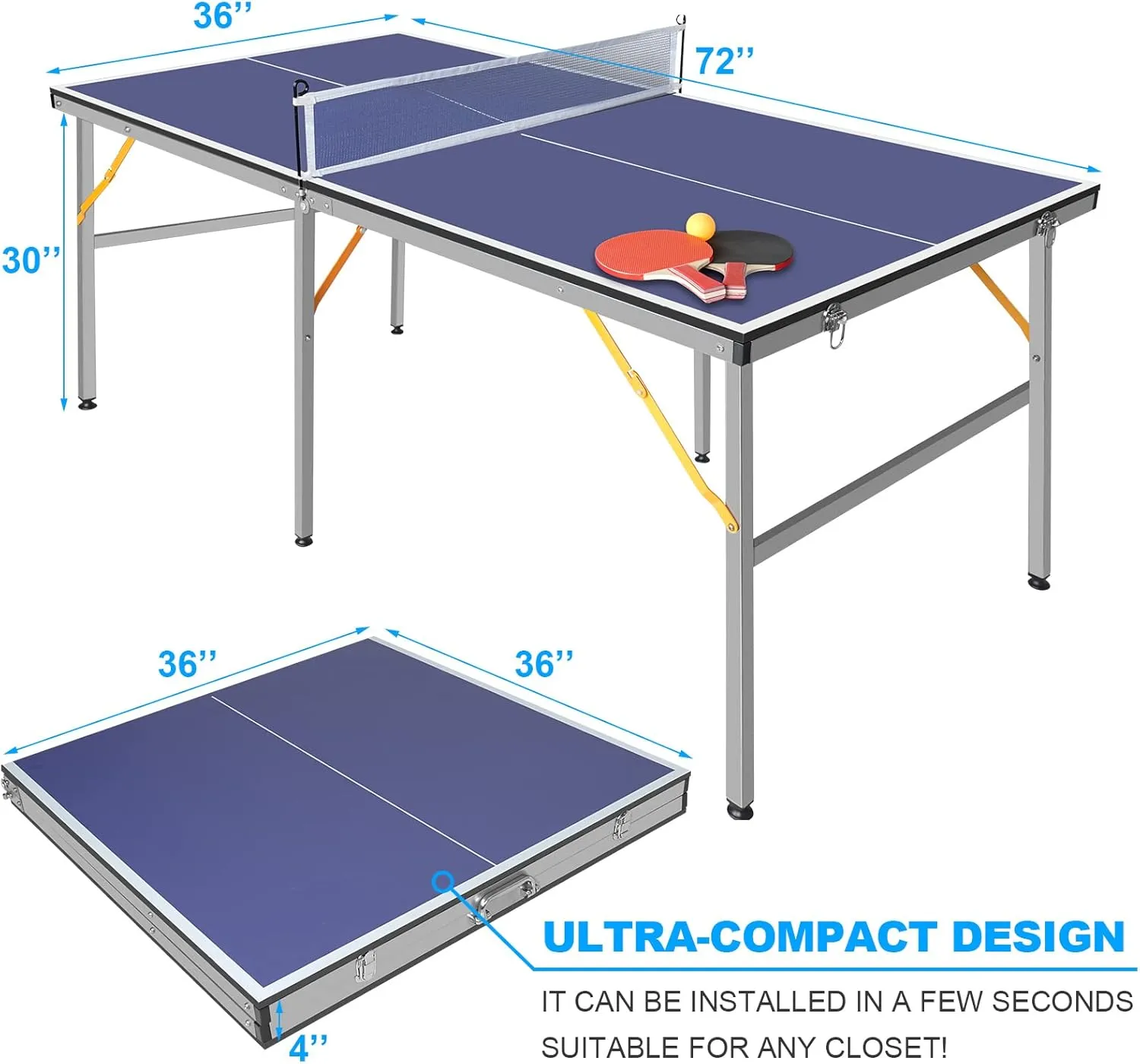 Table Tennis Table 4.5 FT / 6 FT / 8 FT / 9 FT Foldable Portable Ping Pong Table with 2 Table Tennis Paddles 3 Balls and Net for Indoor Outdoor Games