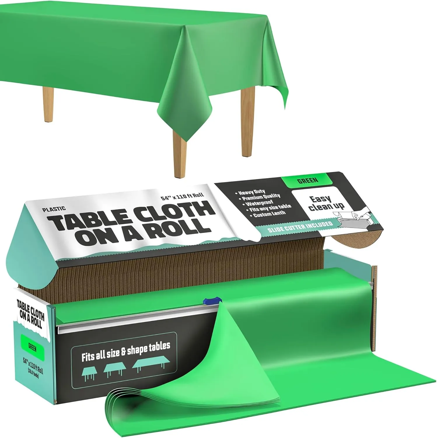 Tablecloth Roll – 54" X 110' Green Premium Plastic Table Cloths with Cutter Box - Cut to Size - Decorative Rectangle Table Cover Smooth Tablecloth - Disposable Table Cloths for Parties, Weddings.