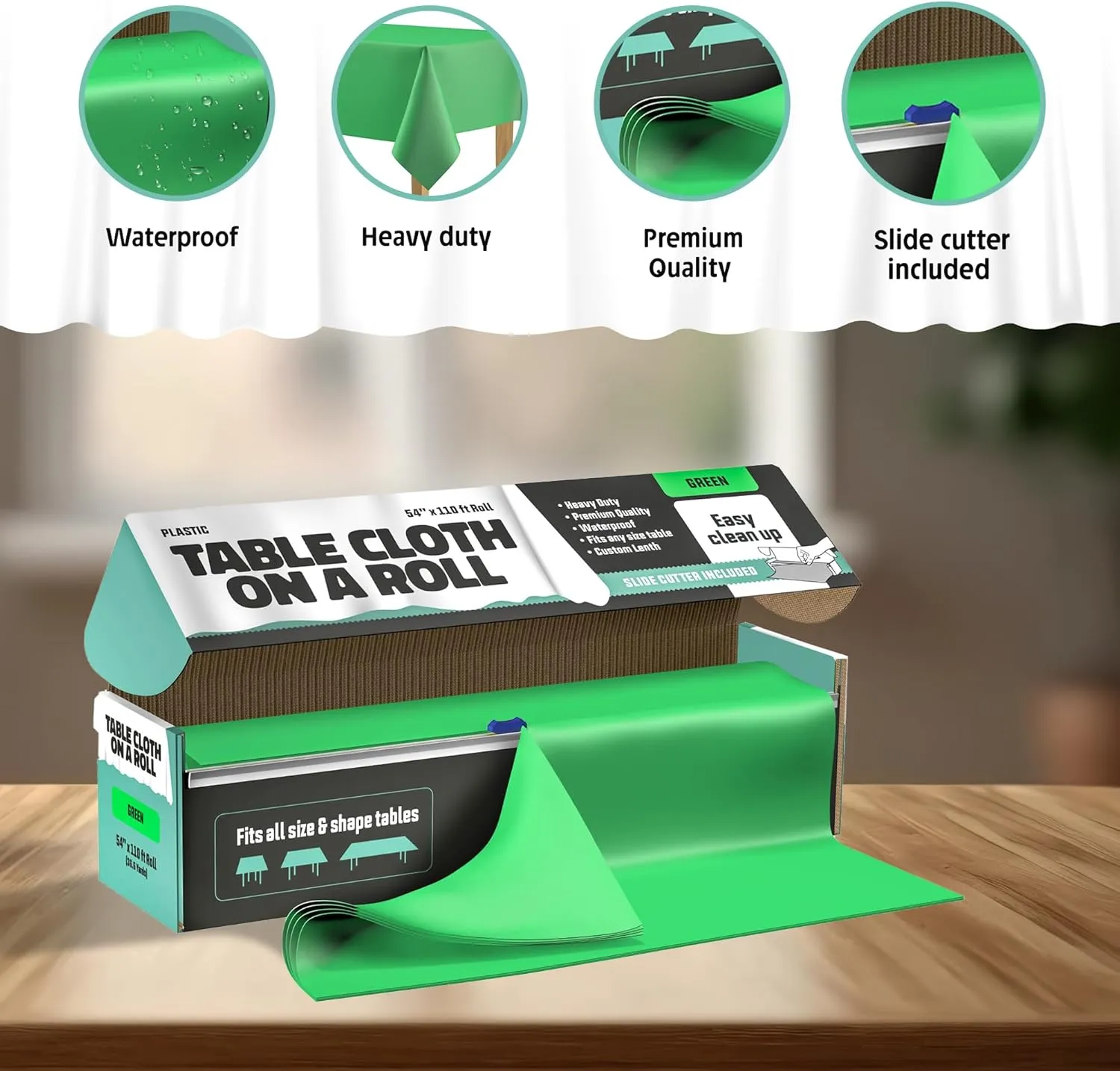 Tablecloth Roll – 54" X 110' Green Premium Plastic Table Cloths with Cutter Box - Cut to Size - Decorative Rectangle Table Cover Smooth Tablecloth - Disposable Table Cloths for Parties, Weddings.