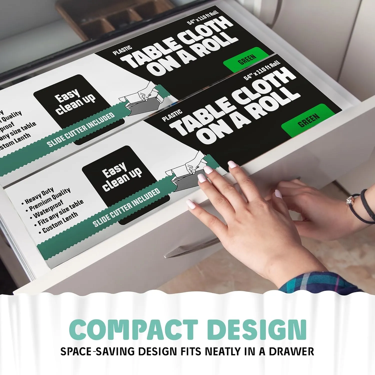 Tablecloth Roll – 54" X 110' Green Premium Plastic Table Cloths with Cutter Box - Cut to Size - Decorative Rectangle Table Cover Smooth Tablecloth - Disposable Table Cloths for Parties, Weddings.