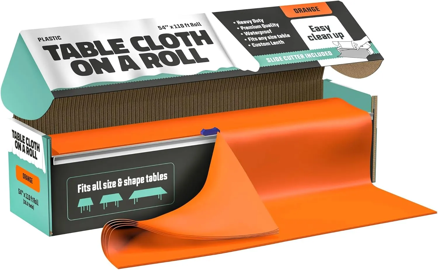 Tablecloth Roll – 54" X 110' Orange Premium Plastic Table Cloths with Cutter Box - Cut to Size - Decorative Rectangle Table Cover Smooth Tablecloth - Disposable Table Cloths for Parties, Weddings.