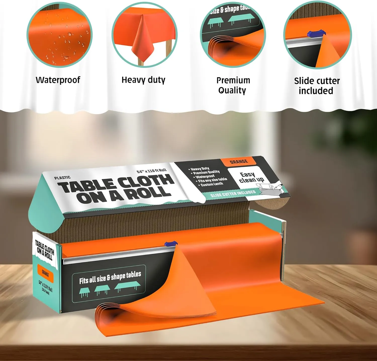 Tablecloth Roll – 54" X 110' Orange Premium Plastic Table Cloths with Cutter Box - Cut to Size - Decorative Rectangle Table Cover Smooth Tablecloth - Disposable Table Cloths for Parties, Weddings.