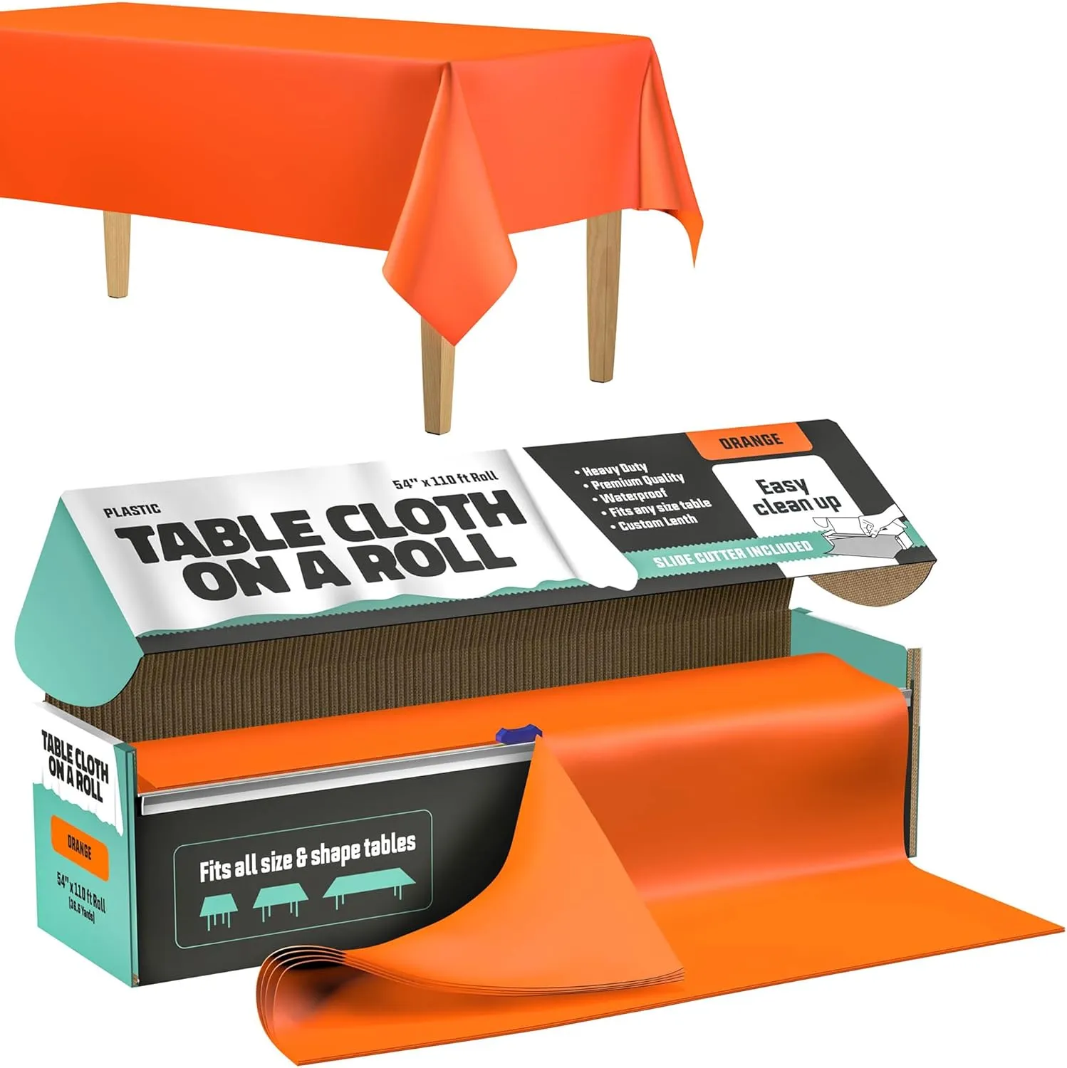 Tablecloth Roll – 54" X 110' Orange Premium Plastic Table Cloths with Cutter Box - Cut to Size - Decorative Rectangle Table Cover Smooth Tablecloth - Disposable Table Cloths for Parties, Weddings.
