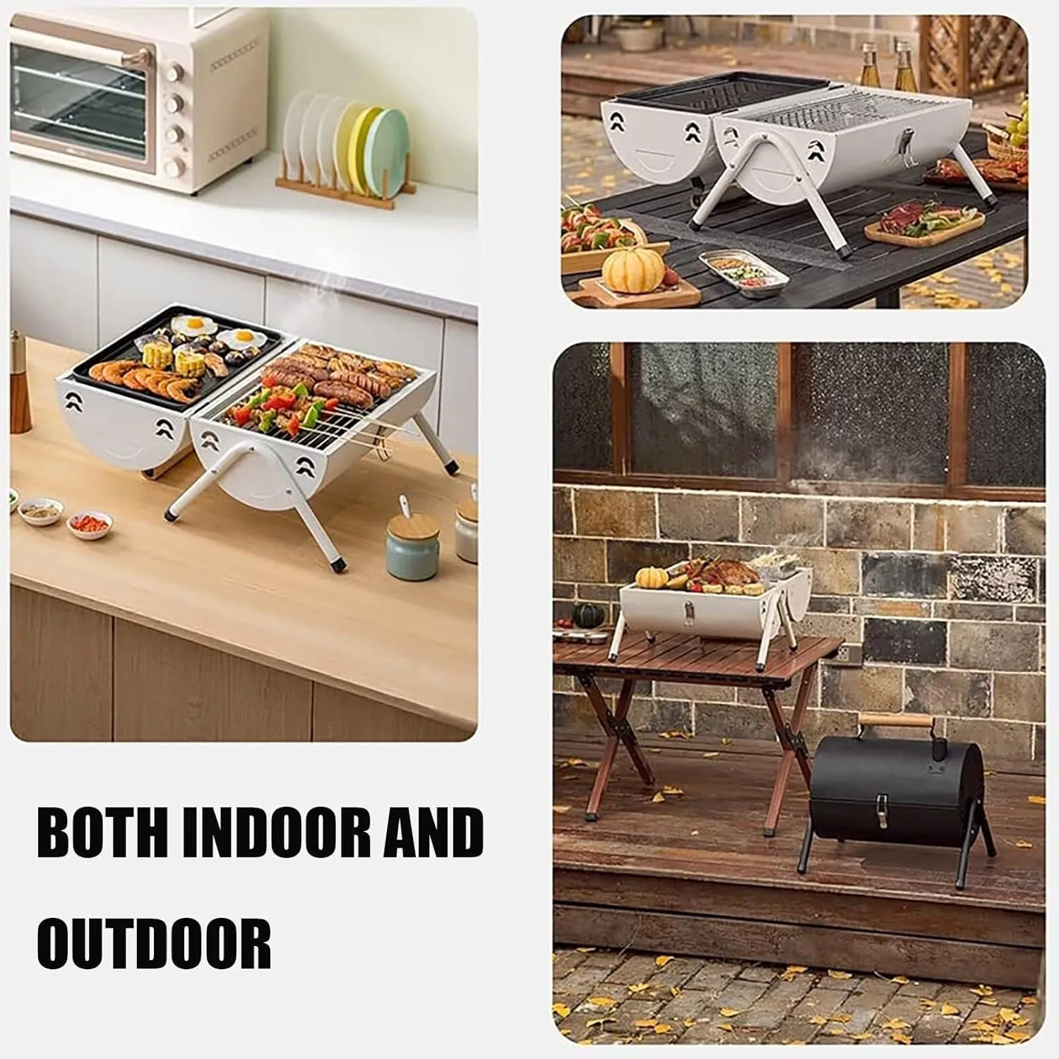 Tabletop Charcoal Grill with Cover Chimney, Double-Sided BBQ with Separate Charcoal Tank, Portable Outdoor Grill for Camping, Backyard Party Cooking(Black)