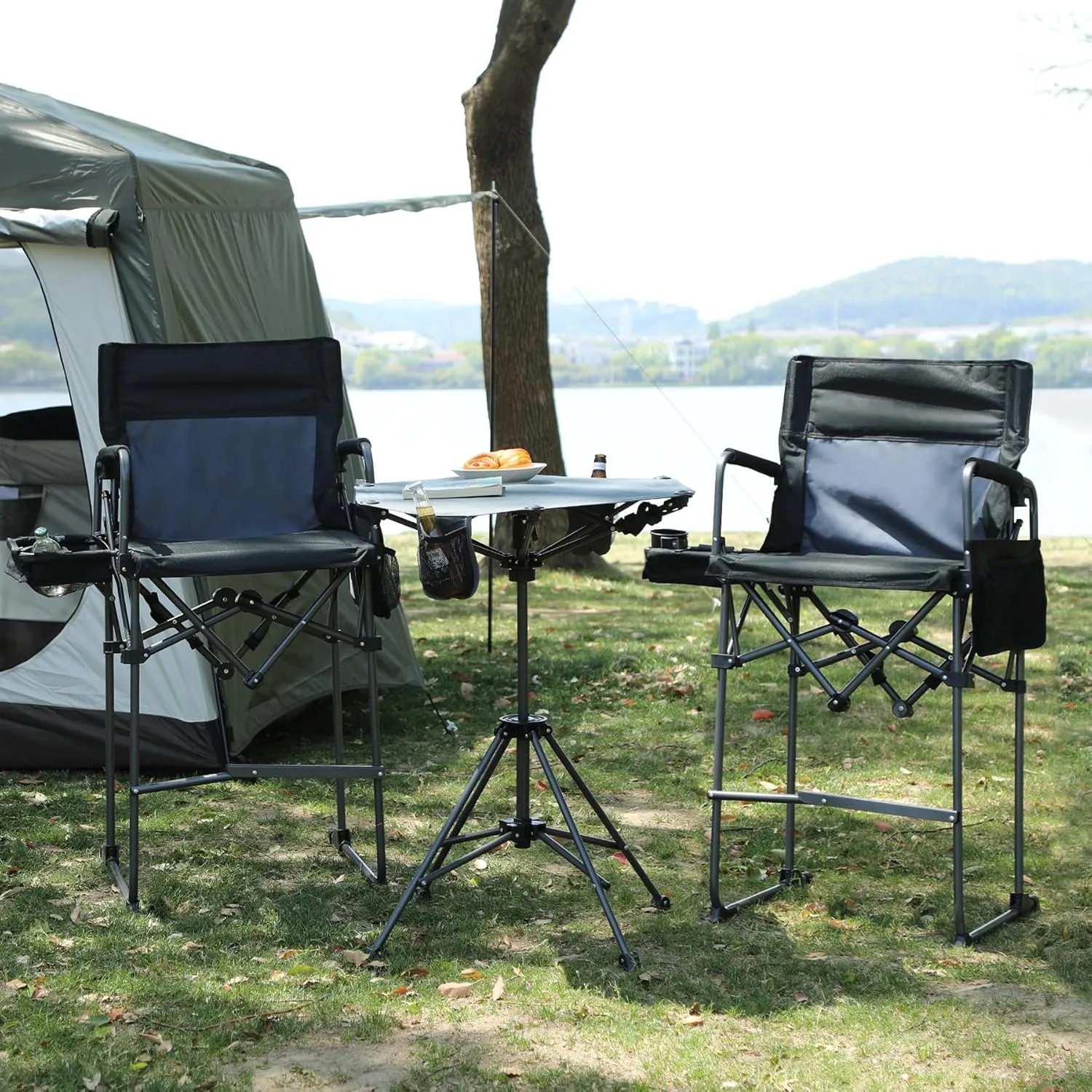 Tall Folding Directors Chairs & Adjustable Height Folding Table Set,Portable Outdoor Bar Table & Foldable Director Chairs with Makeup Pocket for Backyard,Beach,Travel(Includes Storage Bag